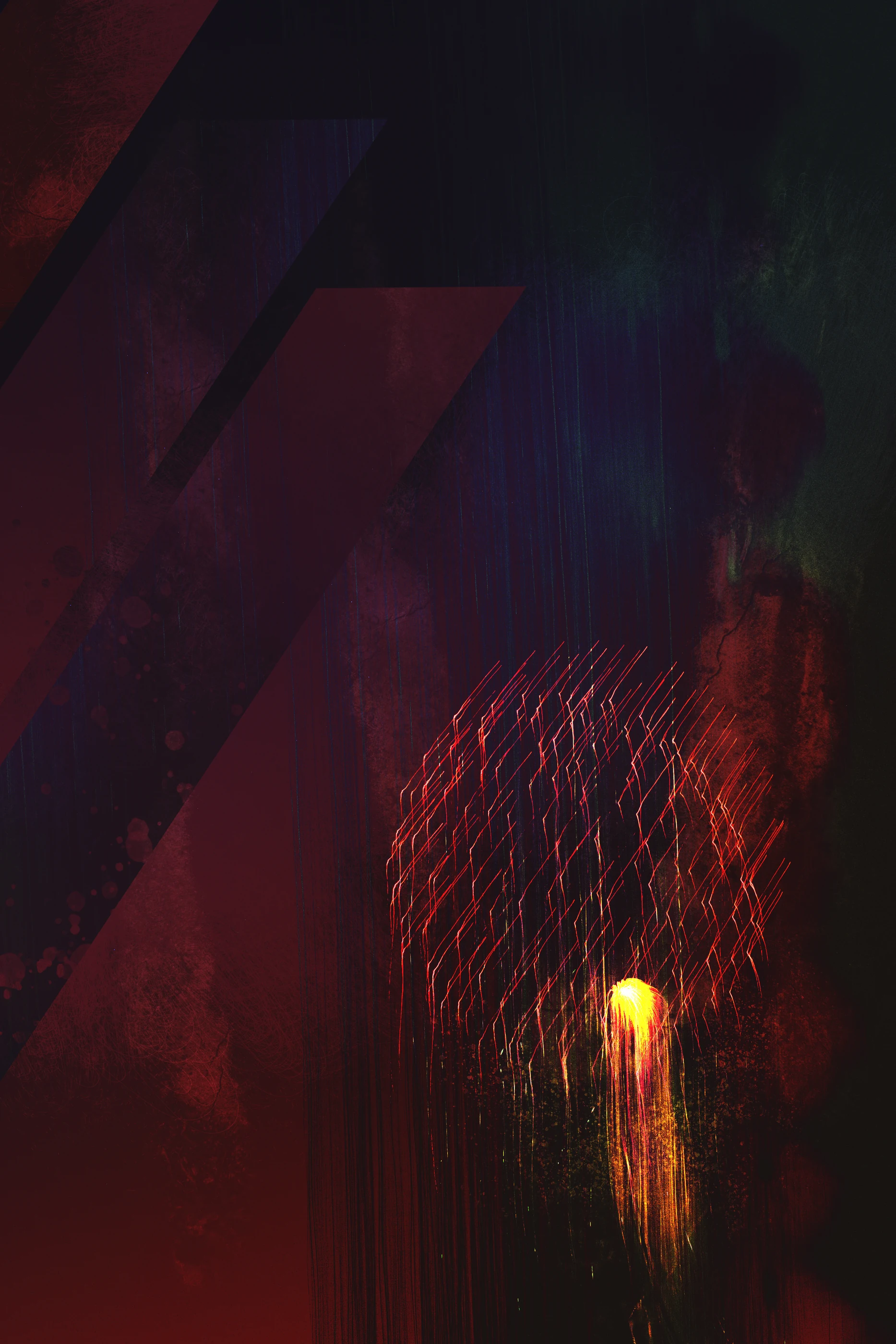 Vertical abstract light study in deep red, violet, and amber