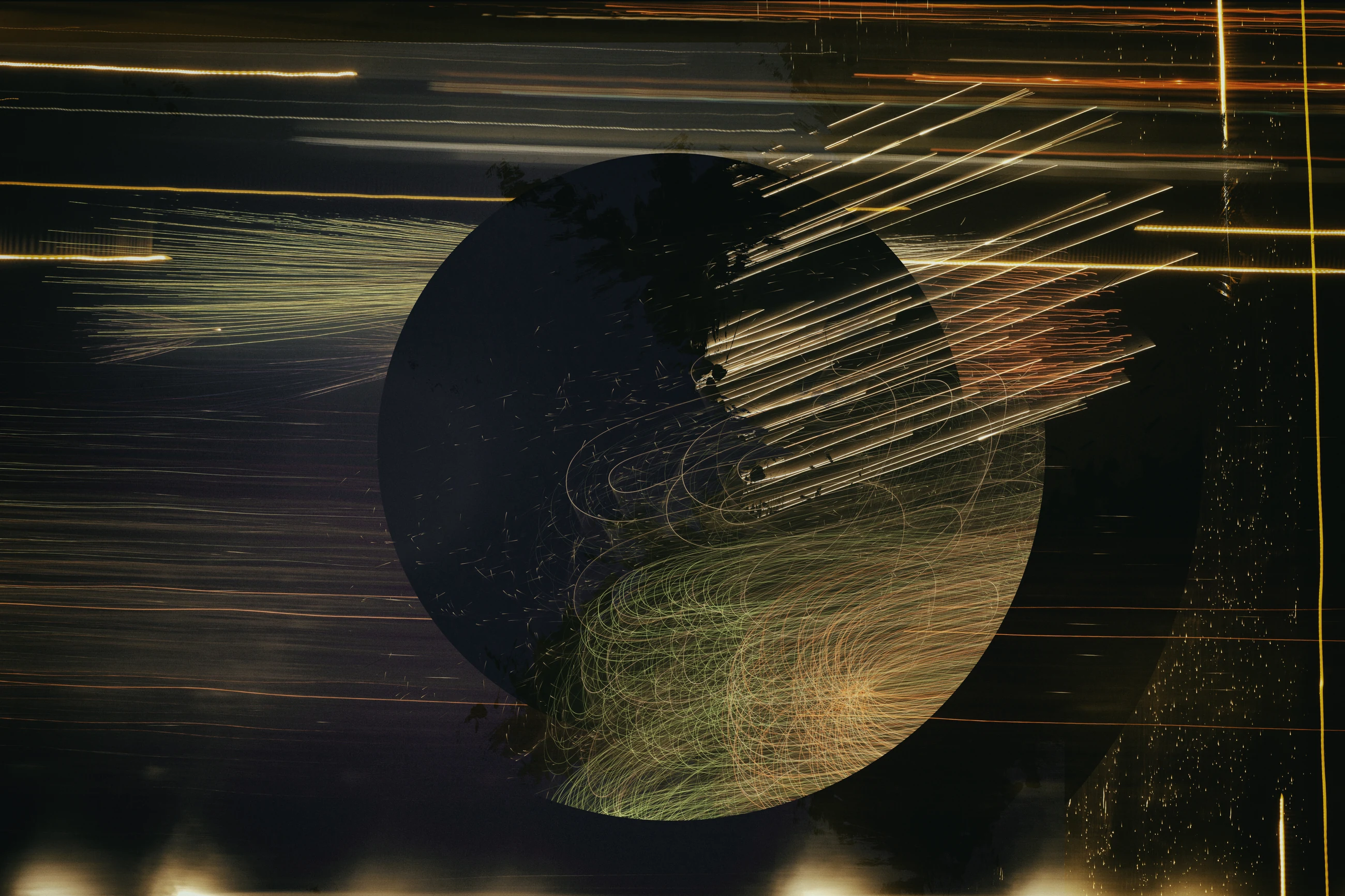 Dark abstract composition with a black orb and flowing gold lines