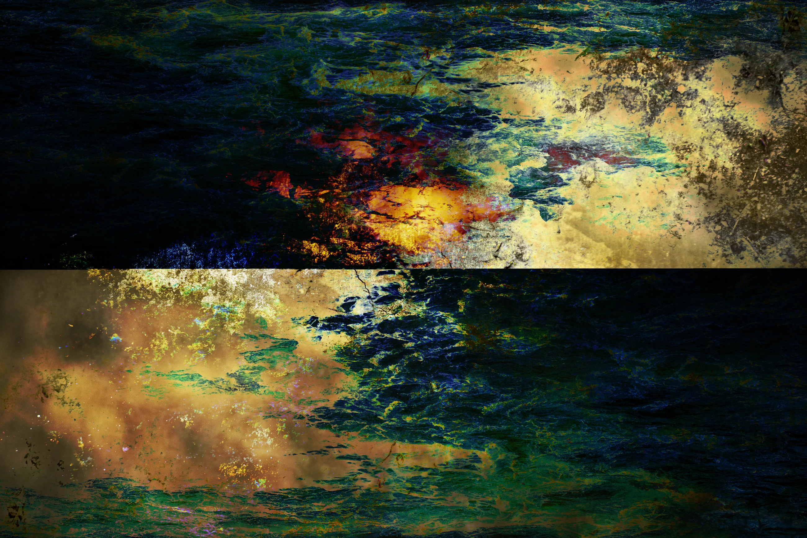 Layered abstract landscape in blue, green, gold, and red
