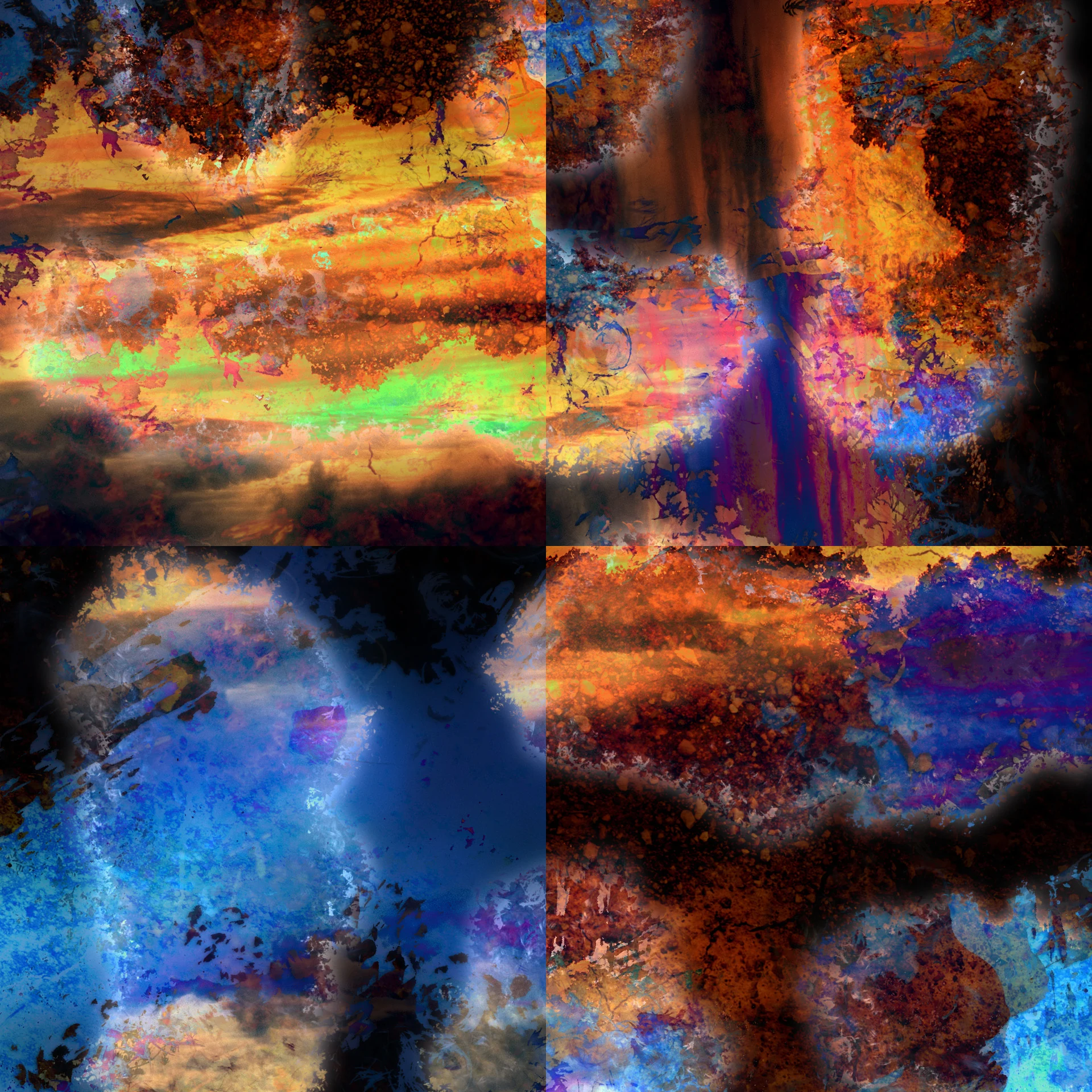 Four-panel abstract composition in saturated orange, violet, and blue