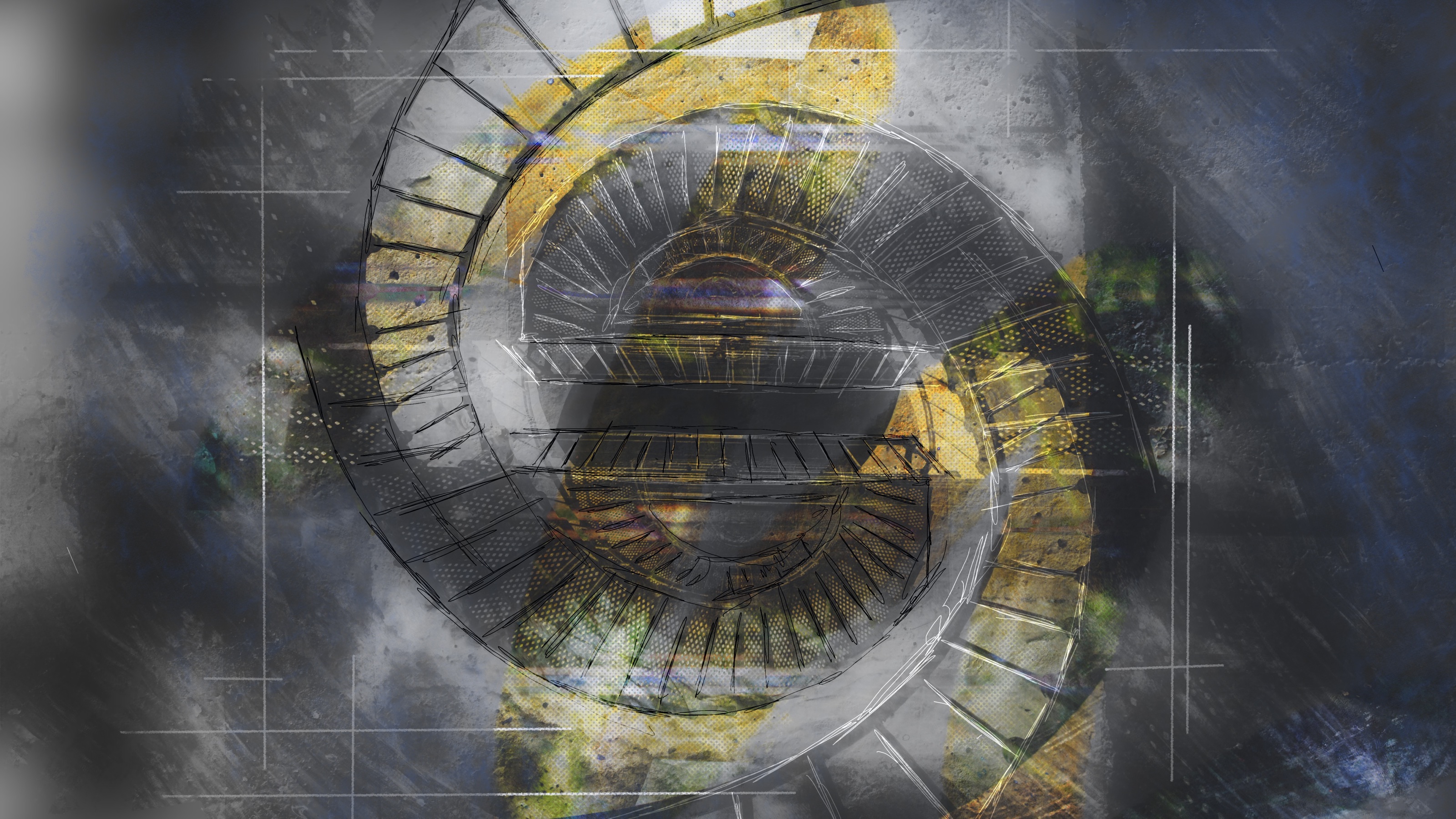 Architectural abstract with circular linework in gray, gold, and blue