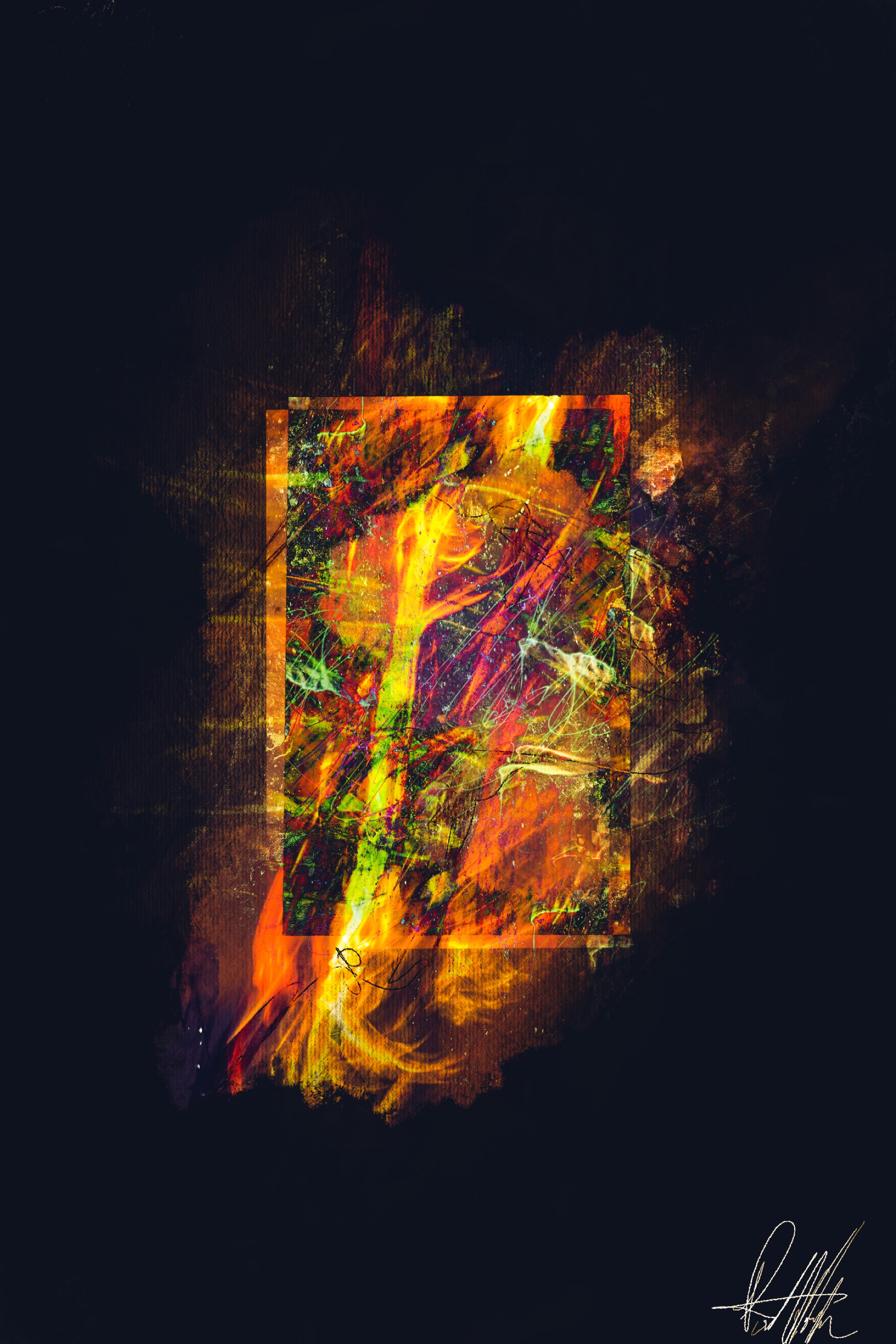 Vertical abstract composition in vivid orange, green, and red on a deep navy field